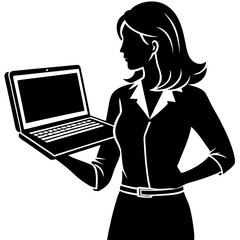 silhouette of a woman holding an open laptop