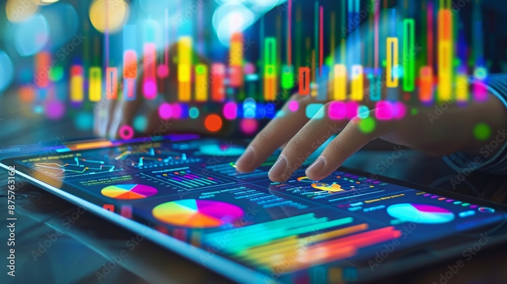 Wall mural an illustration of a business analyst using a tablet to analyze data in a digital dashboard, with co