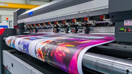 large format printer in action with vibrant colorful print emerging
