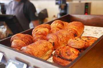 fresh baked croissant in a bakery 