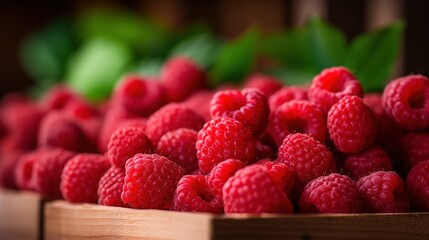 Fresh, ripe raspberries in a wooden crate with green leaves in the background.