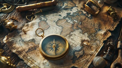 Vintage compass on an old world map with nautical tools. Concept of exploration and adventure.