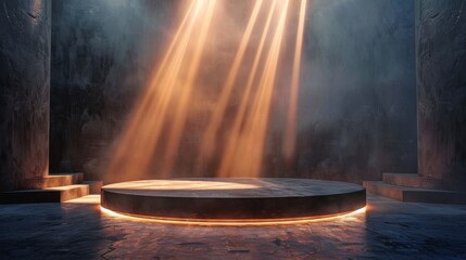 Glowing Platform in a Dark Room with Pillars and Light Beams