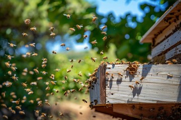 Honey bee swarm circling the hive. After gathering honey, bees fly back to their colony. Honey bees in a backyard hive, an idea of apiculture