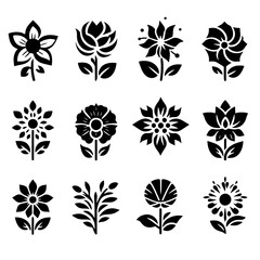 A silhouette collection of black and white flower designs