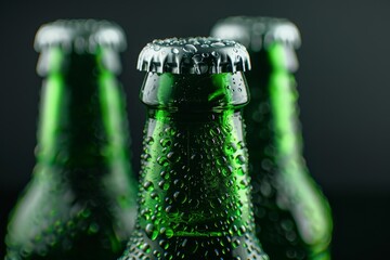 Green glass beer bottles in closeup on a dark background