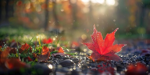 Red maple leaf dewdrops lush green grass soft morning light essence autumn tranquil beauty close-up nature