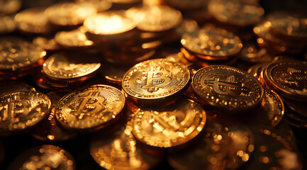 A pile of golden coins with the Bitcoin symbol. Bitcoin Cryptocurrency. Future Banking finance. 3D illustration.