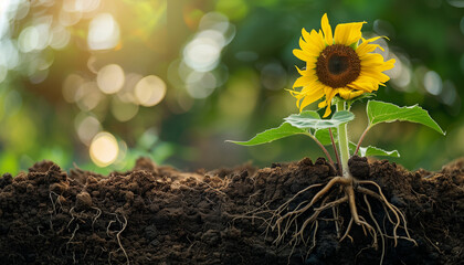 Roots of sunflower growing underground, layers of soil cross-section.