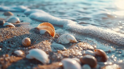 Seashells sandy beach waves shore serene coastal scenery collection sea shells nature close-up marine beauty