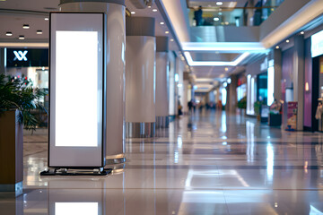 blank empty roll up mockup poster stand in an shopping center or mall environment at restaurant or cafe entrance as wide banner design with blank empty copy space