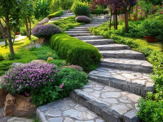 Serene Garden Harmony. Lush nature in a peaceful garden setting