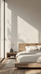 A bedroom with a wooden bed and a white dresser