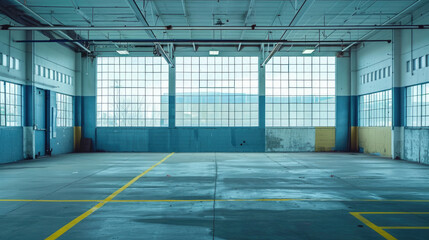 Empty Building Wall with Prominent Yellow Stripe and Windows