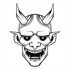 Hand-drawn illustration of a Japanese oni mask