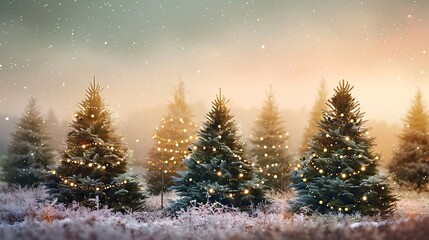 Fototapeta premium Glowing Christmas Trees in a Snowy Forest