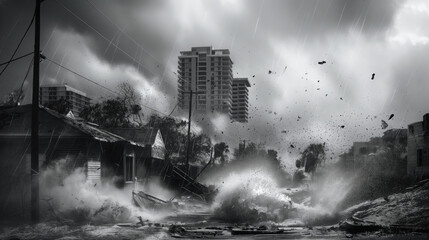 Intense Hurricane Hits Coastal City, Powerful hurricane devastates a coastal city with heavy rain, strong winds, and massive waves, causing widespread destruction and chaos.