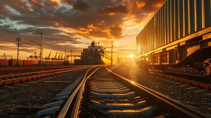 Obraz premium Sunset over Railroad Tracks with Cargo Ship