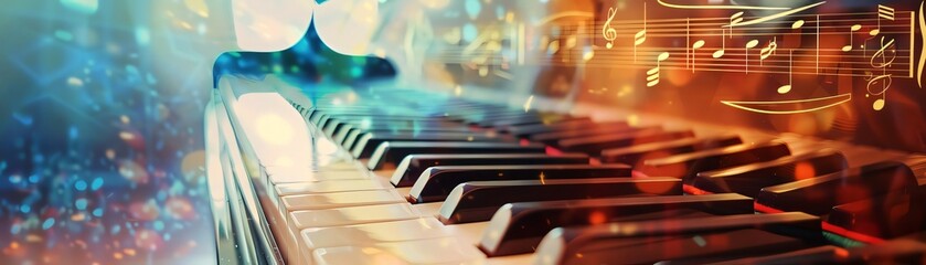 Mesmerizing piano keyboard with floating music notes, set against blurry lights. Ideal for music-related concepts, with intricate details and warm hues