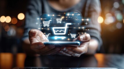 Person holding a mobile phone with glowing virtual shopping cart icons representing online shopping and digital marketing concepts.