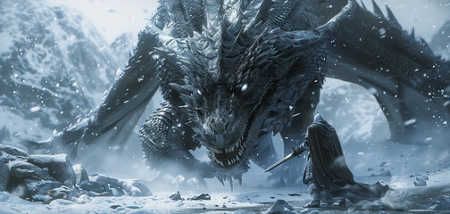 Fantasy scene showing the knight fighting the fire dragon, digital art style, illustration painting