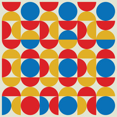 Obraz premium Bauhaus geometric pattern background, vector abstract circle, triangle and square lines art. Yellow, blue, red and green color, trendy Bauhaus pattern backgrounds set