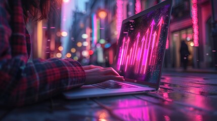 Person using laptop outdoors at night with glowing pink arrows on screen, representing growth and technology in a vibrant city environment.