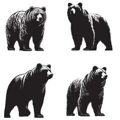 4 sets black of  Bear Standing silhouette isolated on white background png jpeg eps transparents