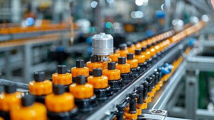 Obraz premium Mass production assembly line of electric vehicle battery cells close-up view 