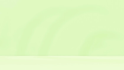 Fototapeta premium Empty green room studio with sunlight effect shadow of leaves. Minimal background for product presentation. Summer spring backdrop. Cosmetic and beauty products display room.