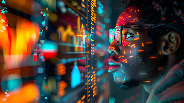 Business Analytics: An African data analyst in a high-tech office, interpreting complex business data to provide actionable insights