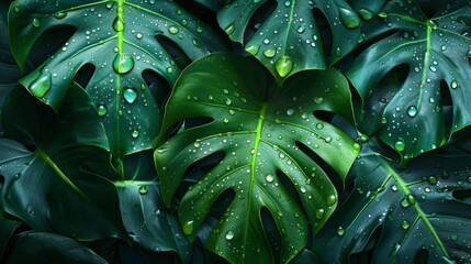 Close-up of lush green monstera leaves with water droplets