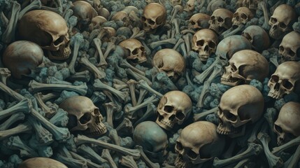 Unsettling artwork Cubist Fragmentation portraying haunting skulls in Bone Chilling Assemblage.