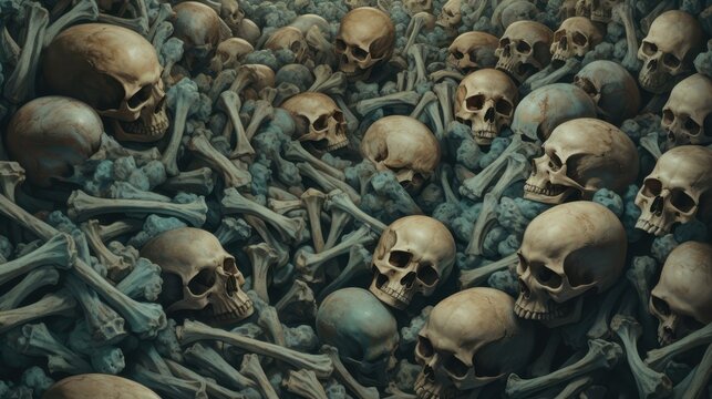 Unsettling artwork Cubist Fragmentation portraying haunting skulls in Bone Chilling Assemblage.