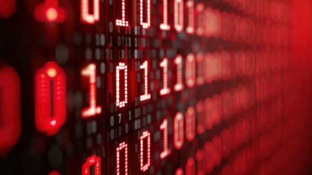 Intriguing abstract red background with binary code representing data breaches, malware, cyber attacks, and hacking.