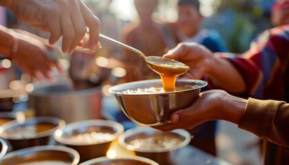 A volunteer pours soup into bowls to share with people in need