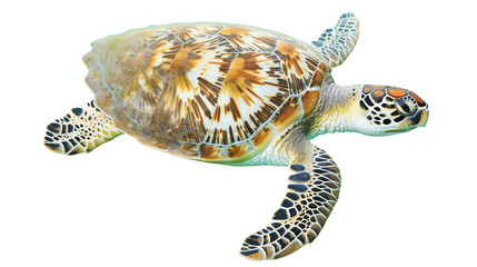 Sea turtle swimming. White, transparent background, isolated.