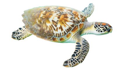 Sea turtle swimming. White, transparent background, isolated.