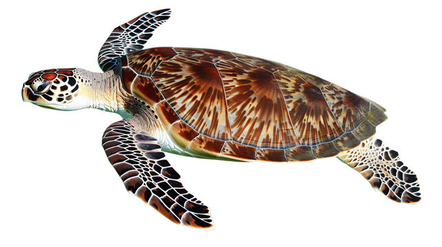 Sea turtle swimming. White, transparent background, isolated.