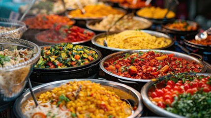 Fototapeta premium A vibrant scene of an international food market, with ready-to-eat meals from different cuisines on display. 
