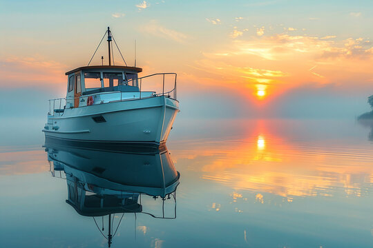 Cabin cruiser at sunrise on a tranquil lake