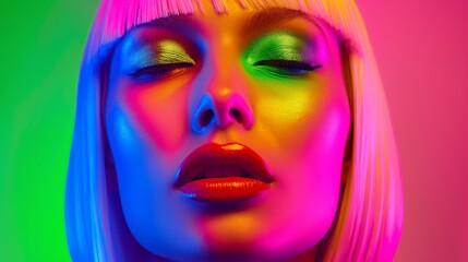 A woman with rainbow colored hair and makeup. The colors are bright and vibrant, giving the impression of a fun and energetic atmosphere