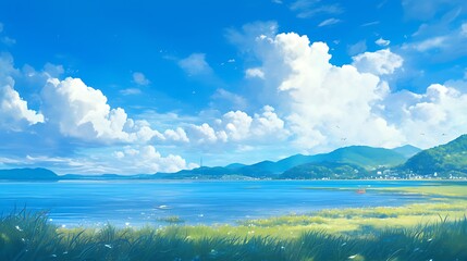 Obraz premium Tranquil Lake Scene with Lush Green Hills and Fluffy Clouds