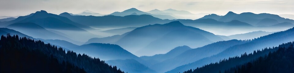 Fototapeta premium Majestic Misty Mountains in Backlit Poster Style Landscape
