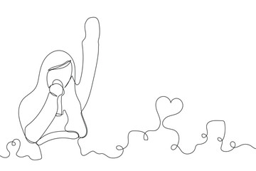 Sketch lifestyle concept minimal girl woman sing a song music karaoke drawing line art. Female song music superstar voice with white ioslated background. Abstract,vector,illustration.