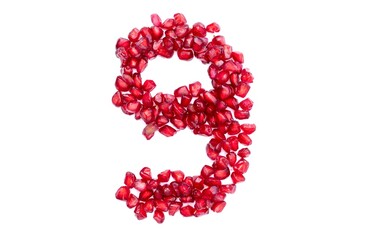 Nine or 9 Number Written with Pomegranate Seeds Isolated on White Background