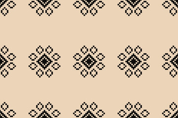 Traditional ethnic motifs ikat geometric fabric pattern cross stitch.Ikat embroidery Ethnic oriental Pixel brown cream label background. Abstract,vector,illustration. Texture,decoration,wallpaper.