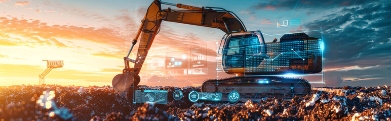 A yellow excavator operates in a rocky field, its performance and energy efficiency visualized through surrounding digital graphs and data