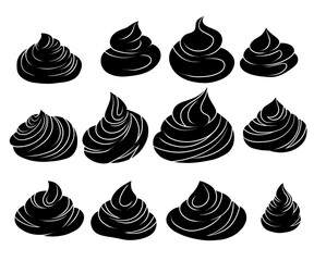 Vector set of black silhouette cartoon meringues and creams isolated from background. Collection of monochrome zephyrs. Whipped yogurt cliparts for recipes, stickers