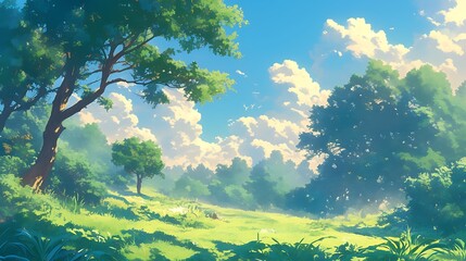 Tranquil Lake Scene with Lush Green Hills and Fluffy Clouds